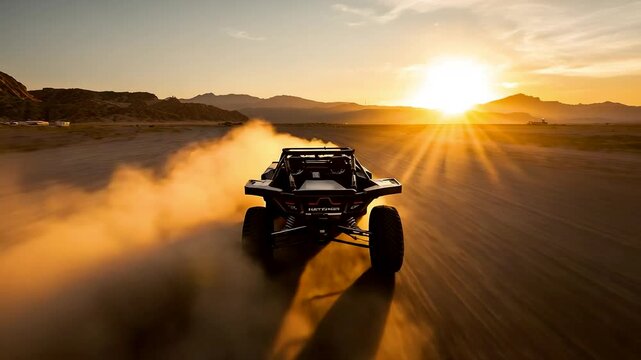 Off road desert buggy racing across sand dunes at sunset kicking dust trails under radiant sky capturing speed adventure and raw power