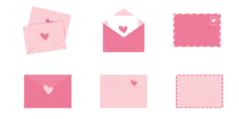 Envelope set, Love letters with hearts, cute pink romantic mail with stamp, airmail, postcard. Wedding and Valentine Day Decoration design elements.