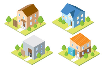 スタイリッシュでかわいい一戸建てマイホームのアイソメトリックイラストセット