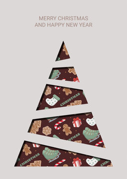 Holiday greeting card with Merry Christmas and Happy New Year and stylized tree made of triangle segments filled with festive icons gingerbread men, candy canes, mittens, snowflakes, and gifts on ка 8