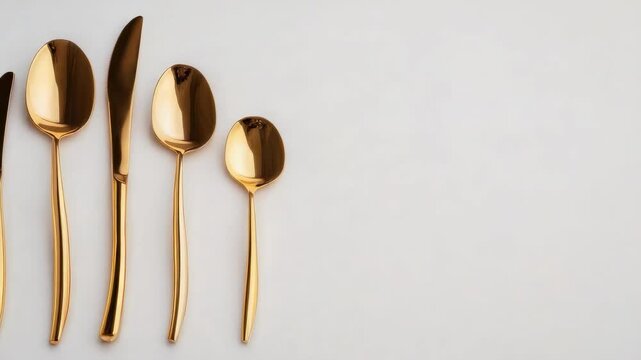 A row of gold-colored cutlery&mdash;forks, knives and spoons&mdash;neatly arranged on a light surface.