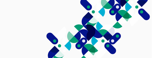 Abstract geometric shapes overlap, creating dynamic visual texture. Blue, teal, green hues dominate white background. Modern design.