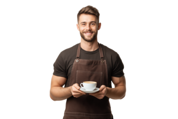 smiling barista man holding cup of coffee, isolated on transparent background