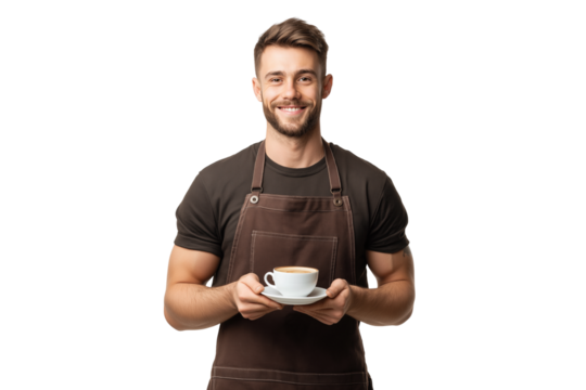 smiling barista man holding cup of coffee, isolated on transparent background - Powered by Adobe