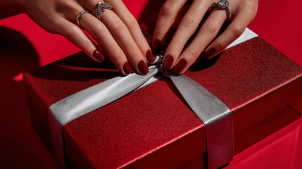 Elegant hands with red nail polish carefully tying a silver ribbon on a vibrant red glitter gift box