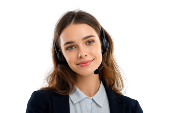 smiling female call center operator with headset, isolated on transparent background - Powered by Adobe