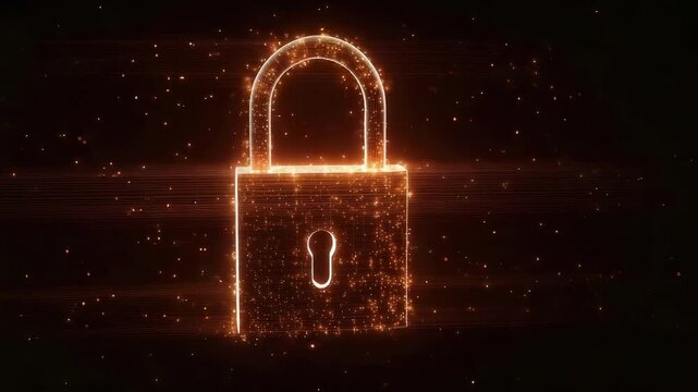 A glowing orange padlock made of particles, symbolizing cybersecurity, data protection and encryption.