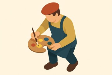 Isometric painter in beret and apron mixing colors on a palette with brush, creating artwork in a studio setting, flat digital illustration