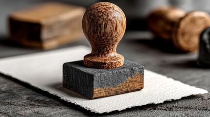 Wood stamp on textured paper symbolizing approval validation certification authority official document process