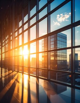 Golden Hour Sunlight Illuminates Modern Cityscape Through Architectural Glass Windows