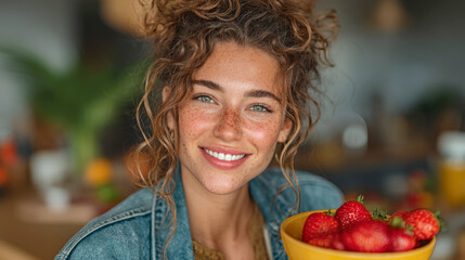 Smiling young woman holding fresh strawberries at home promoting healthy fruit eating habits