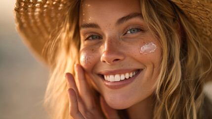 Smiling woman applying sunscreen outdoors showing skincare protection under warm summer sunlight glow