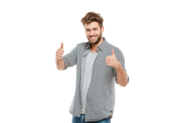 smiling young man showing thumbs up, isolated on transparent background
