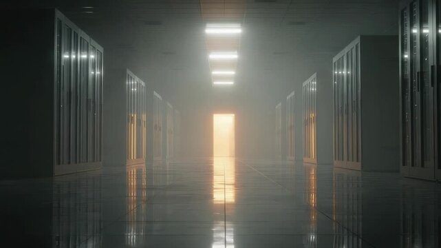 Dimly lit school hallway with rows of lockers and a bright door at the end, reflections on a glossy floor.