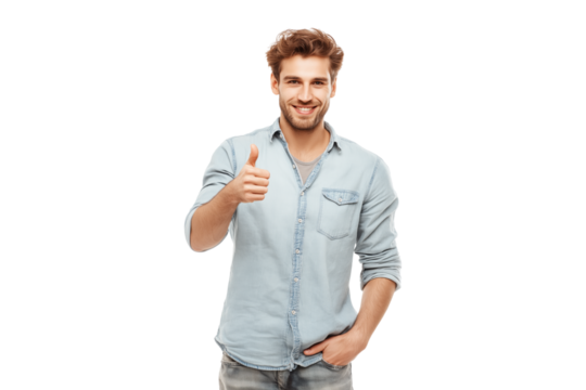 smiling young man showing thumbs up, isolated on transparent background - Powered by Adobe