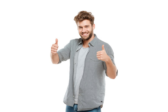 smiling young man showing thumbs up, isolated on transparent background