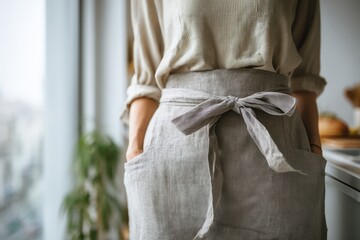 Faceless Person Tying Apron Standing Minimalist Kitchen Neutral Colors Text Space