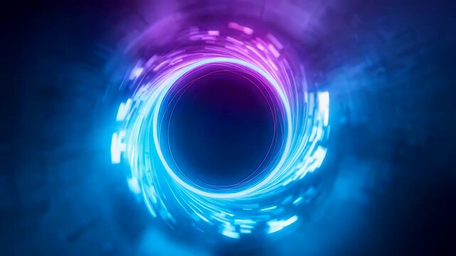 Glowing blue and purple energy vortex forming a circular light ring with swirling motion particles and intense depth in dark space