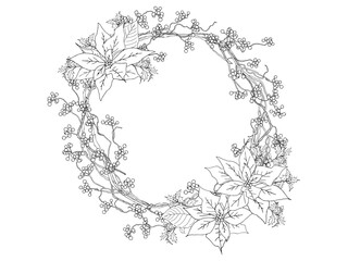 ポインセチアとサンキライのリース線画①黒aics2