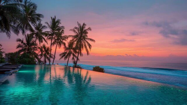 Luxury tropical infinity pool with palm trees overlooking the ocean during a dramatic pink sunset