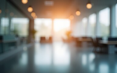 Blurred empty open space office. Abstract light bokeh at office interior background. High quality