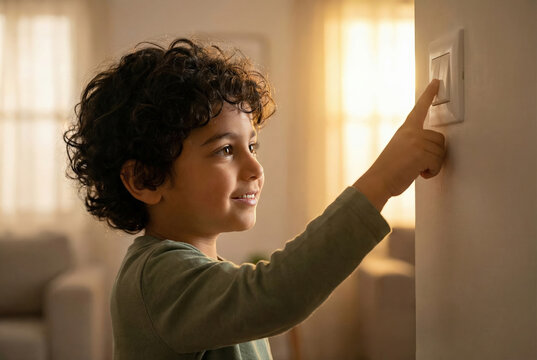 Ni&ntilde;o peque&ntilde;o encendiendo o apagando el interruptor de luz en casa, con luz c&aacute;lida del atardecer entrando por la ventana.