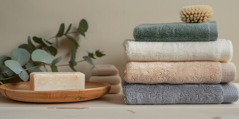 Soft, clean towels and natural soap create a serene spa-like atmosphere.