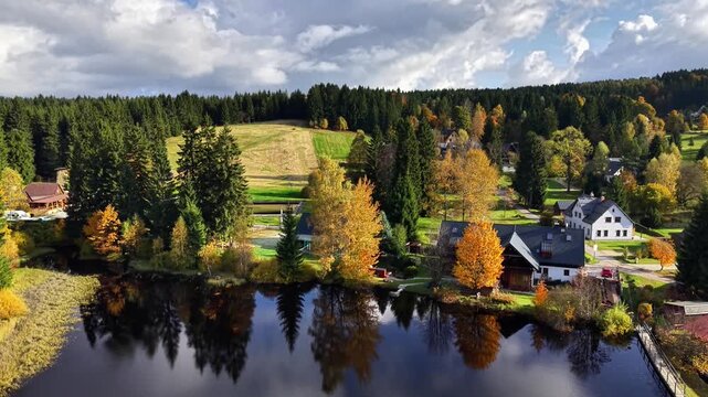serene lakeside with autumn trees, tranquil riverside cabin amidst vibrant leaves and peaceful