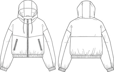 Hooded winter jacket technical flat sketch with zipper pockets, elastic hem details, outerwear design template for fashion designers, cad drawing flat vector illustration