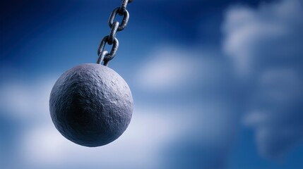 Powerful wrecking ball in motion against a blurred blue sky, copy space for text on the right