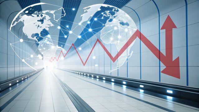 A futuristic tunnel with a world map overlay and a descending red graph, symbolizing economic trends and connectivity. - Powered by Adobe