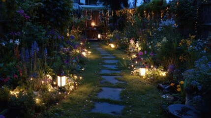 Stone pathway winds through a lush garden illuminated by numerous soft lights after twilight