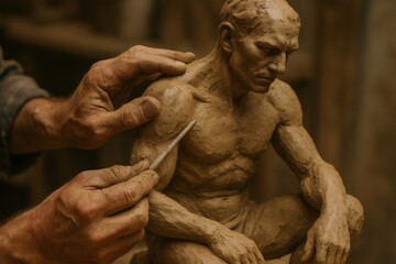 Experienced hands carefully working on a detailed clay sculpture of a male human torso and head, a moment of artistic creation