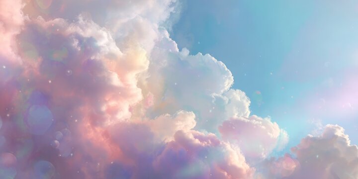 Dreamy pastel clouds in a soft blue sky with magical light effects. Abstract sky background for fantasy, imagination, and peaceful themes.