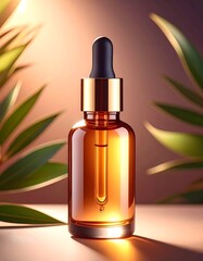 Fototapeta premium Golden Serum Dropper Bottle with Tropical Leaves, Luxurious Beauty Product Still Life