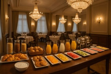 Buffet table offering variety of breakfast options including fruits, pastries, cereals, and juices in an upscale hotel restaurant