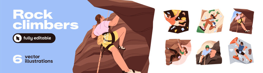People are rock climbing set. Alpinists are bouldering in gym and outdoors. Climbers are training on artificial mountain wall. Alpinism and mountaineering. Flat isolated vector illustrations on white