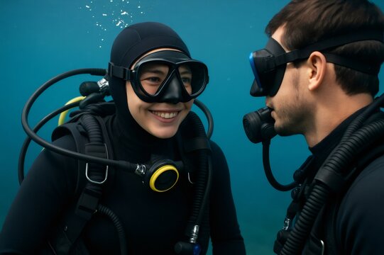 Scuba divers sharing a moment of excitement and camaraderie during an underwater adventure or training session