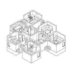 Isometric view of a modular home design with various rooms.