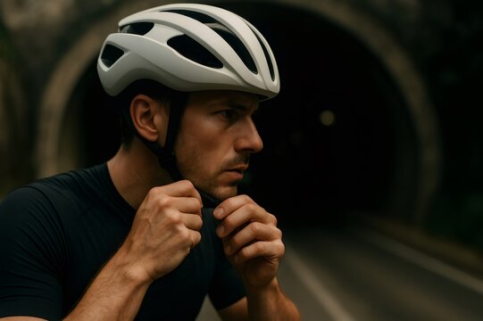 Man wearing a white cycling helmet, adjusting the chin strap. Concentrating on safety before riding through a tunnel - Powered by Adobe