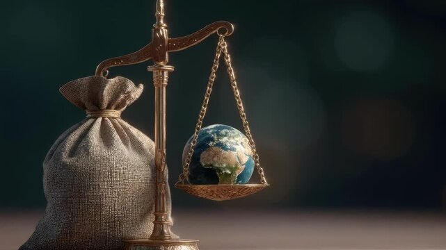 A balance scale with a sack of money on one side and a globe on the other.