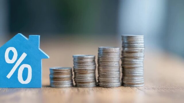 Blue house icon with a percent sign beside increasing stacks of coins, symbolizing mortgage interest or growing savings.