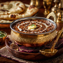Rich and creamy dal makhani, a traditional indian lentil curry, served in an ornate golden bowl