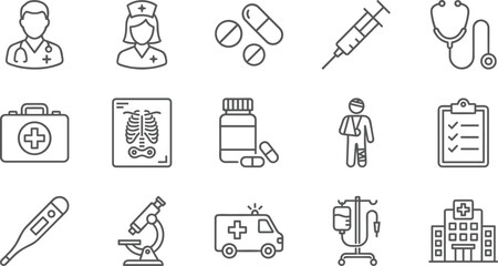 Medical and healthcare line icons set, doctor, nurse, hospital, pharmacy, emergency, treatment, clinic symbols, vector illustration, isolated, modern design.