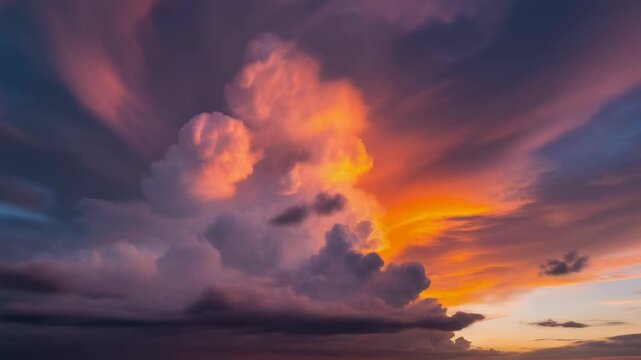 Vibrant sunset sky with dramatic, colorful clouds painted in orange, pink, and purple hues, creating a breathtaking natural spectacle.