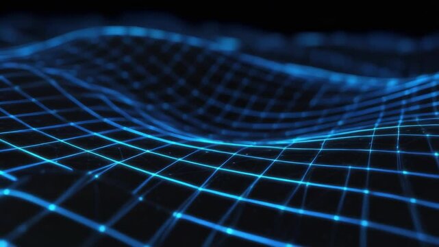 Glowing blue wireframe grid forming a 3D wavy surface.