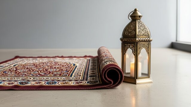 Rolling prayer rug and illuminated lantern. Islamic celebration, Ramadan Kareem, Eid al-Fitr, or Eid al-Adha concept for cultural and religious themes.