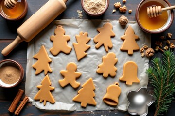 A festive arrangement of gingerbread cookie cutouts in various shapes, ready for baking during the holiday season.