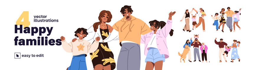 Set of happy families with kids. Parents and their children celebrate success together. Mother, father, and child have fun, joy, and rejoice in winning. Flat isolated vector illustrations in white