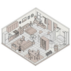 Cozy Studio Apartment Layout with Kitchen Bedroom and Bathroom.